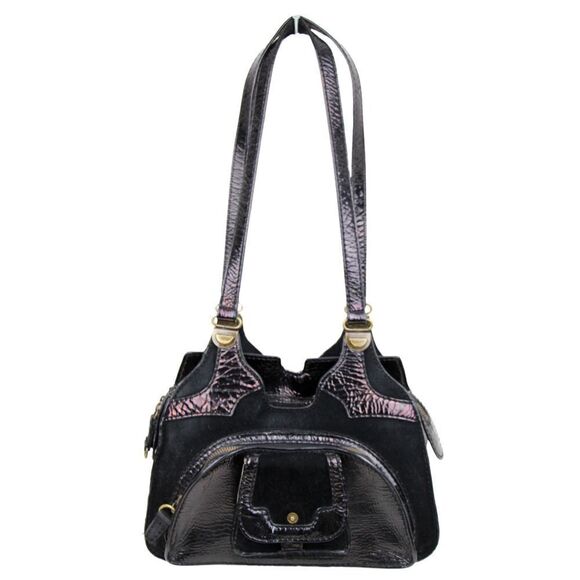 BICA CHEIA BLACK CRINKLED GENUINE LEATHER SUEDE TOTE SHOULDER BAG HANDBAG PURSE - Picture 2 of 10